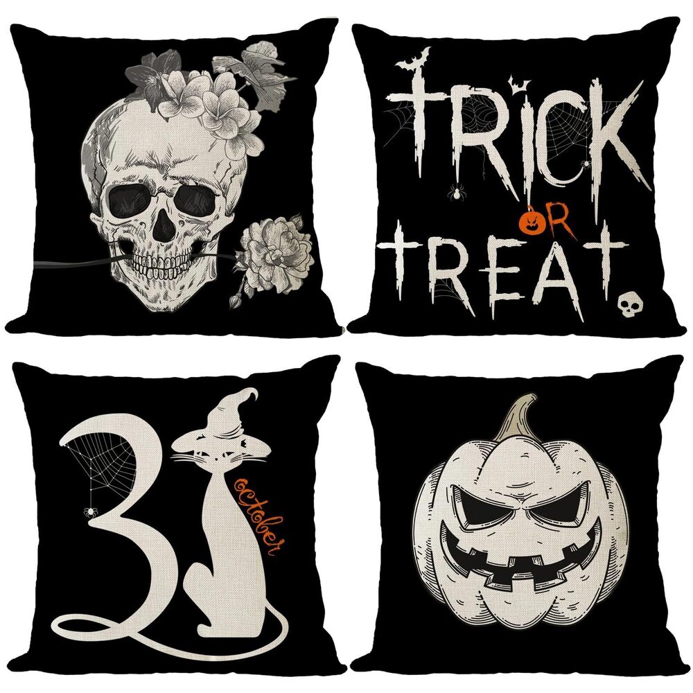 2503 Set of 4 Halloween Pillow Covers 16x16 Trick or Treat Pumpkin Decor